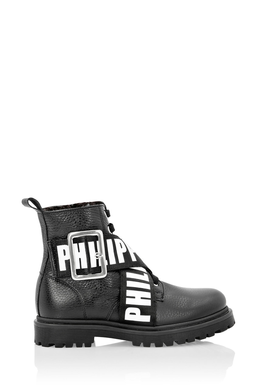 фото Черные ботинки с текстильными деталями philipp plein kids