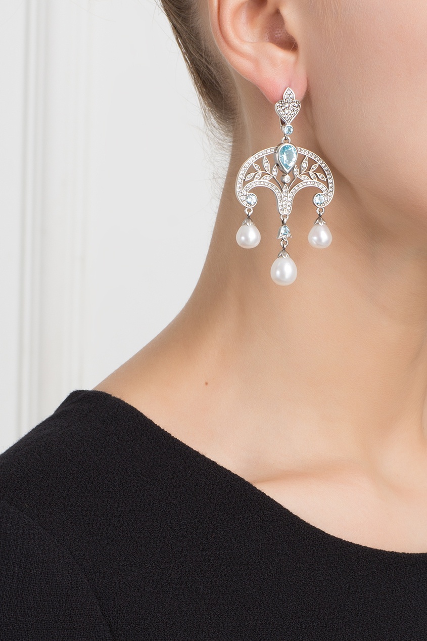 фото Серебряные серьги с жемчугом, голубыми и бесцветными топазами «Принцесса Ирина» Axenoff jewellery