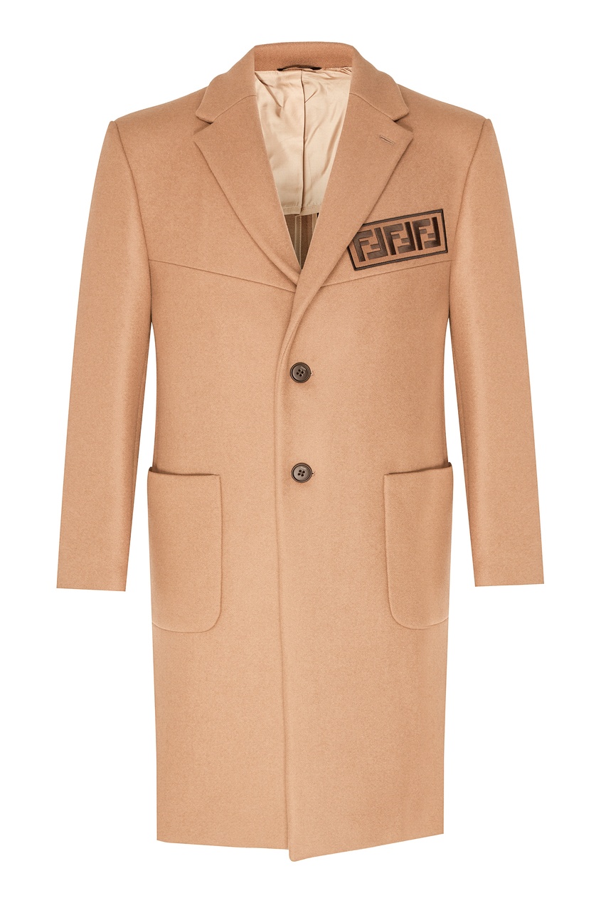 фото Бежевое пальто с логотипом на груди Fendi