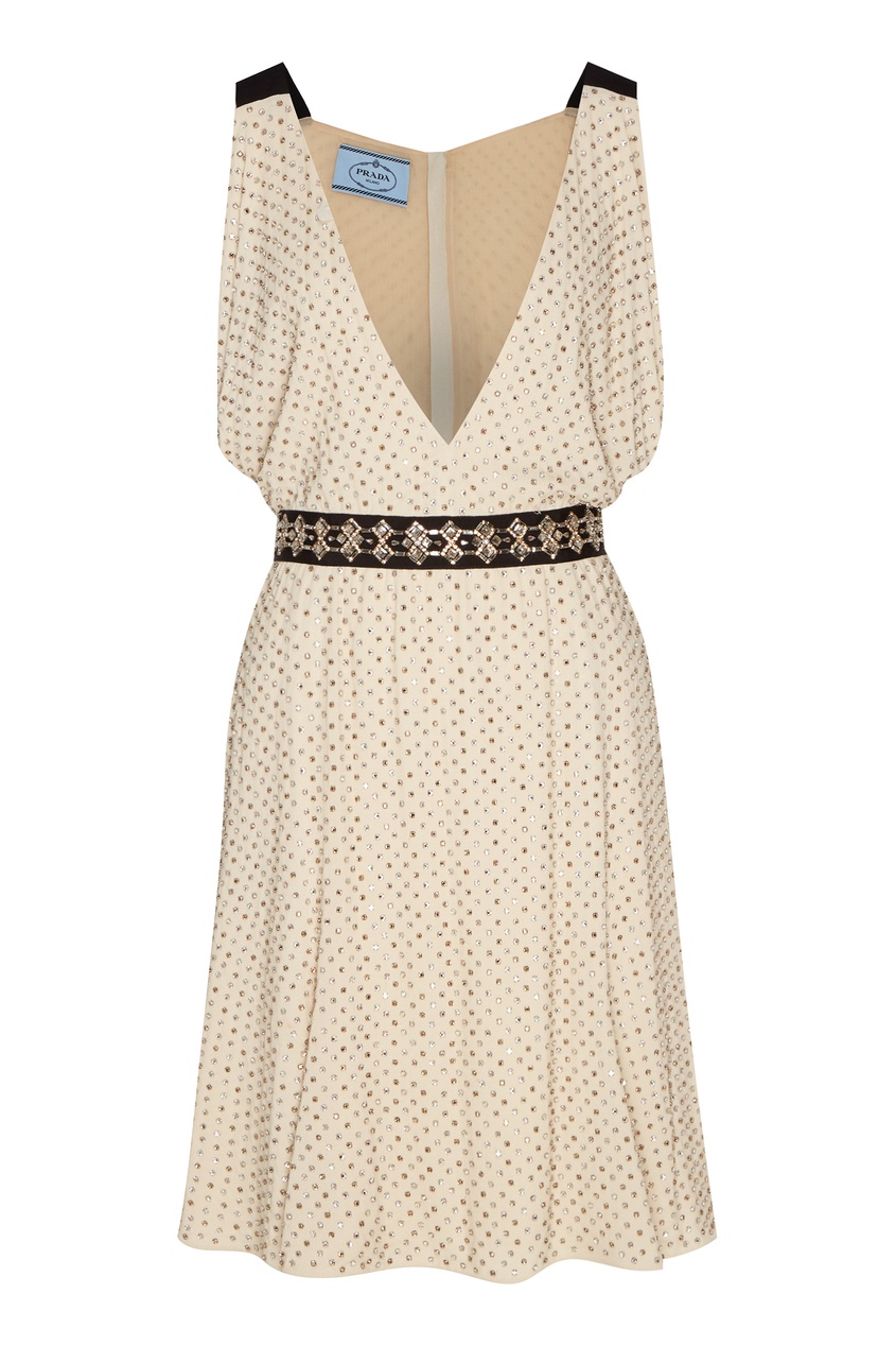 фото Блестящее платье с контрастным поясом Prada
