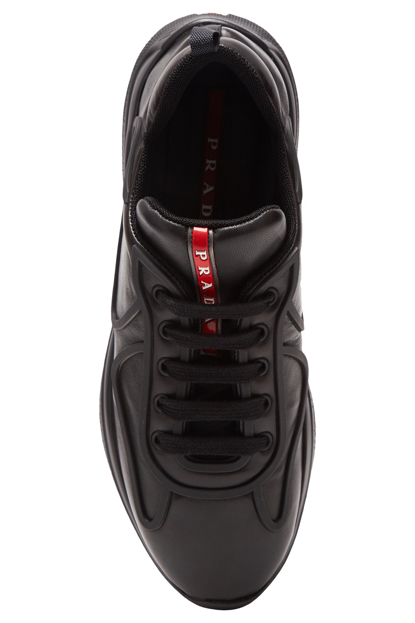 фото Черные кожаные кроссовки с логотипами Prada