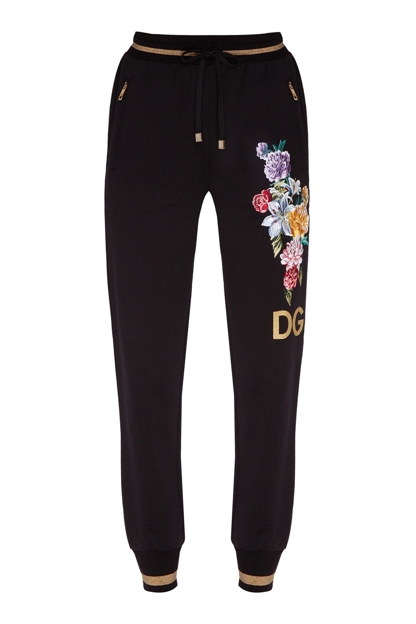 фото Черные брюки-джоггеры с цветочным рисунком dolce&gabbana