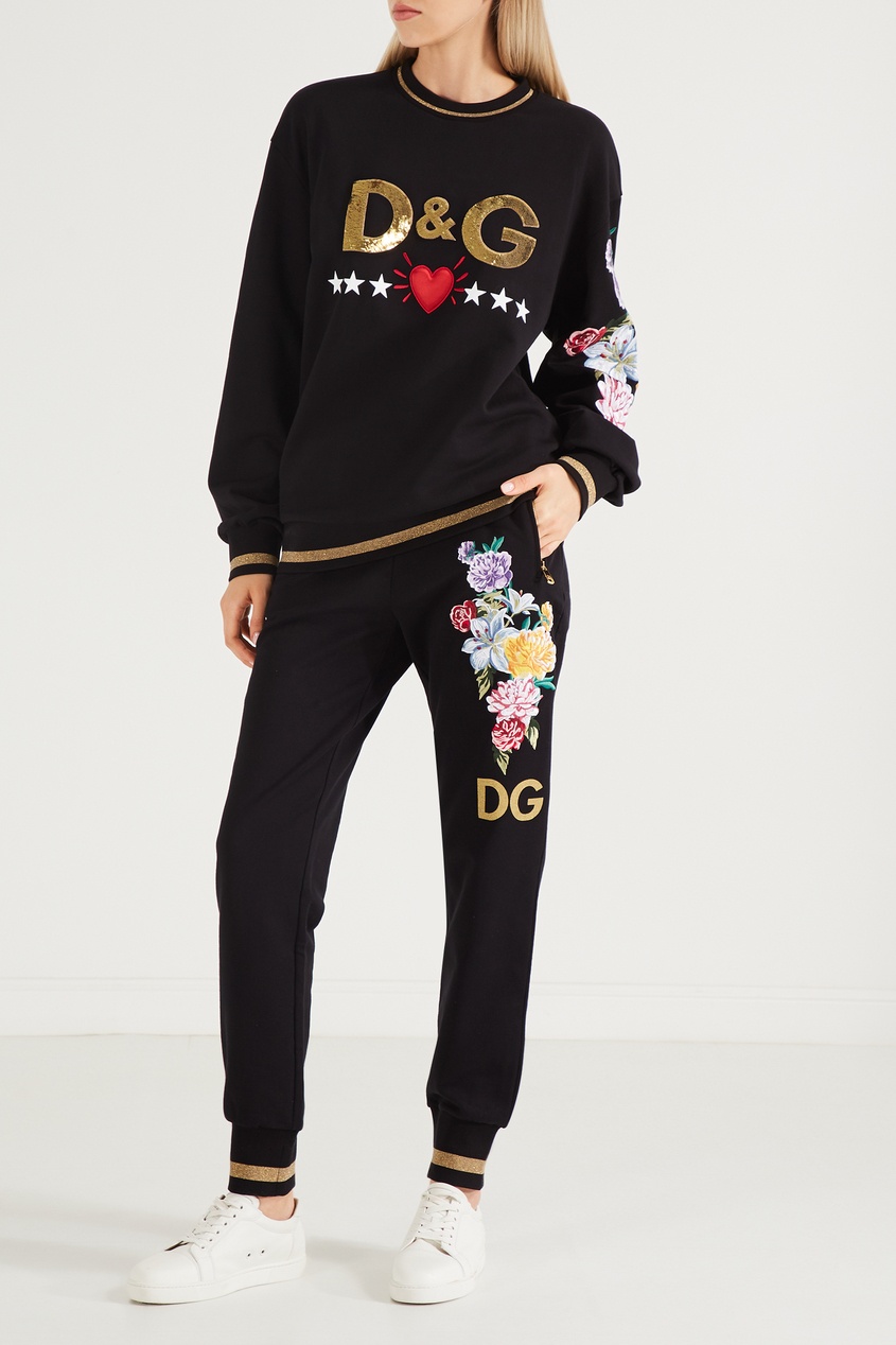 фото Черные брюки-джоггеры с цветочным рисунком dolce&gabbana