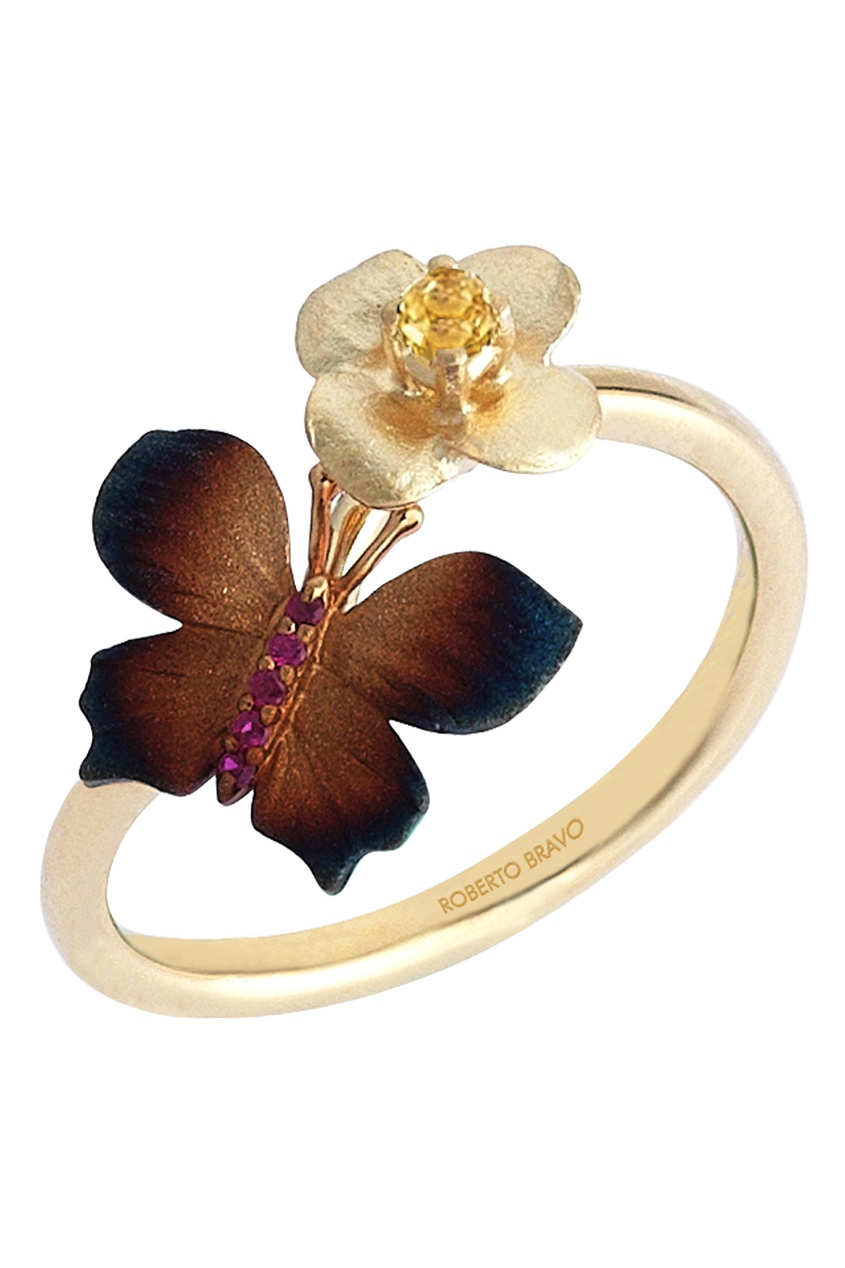 фото Золотое кольцо с бабочкой и цветком Roberto bravo