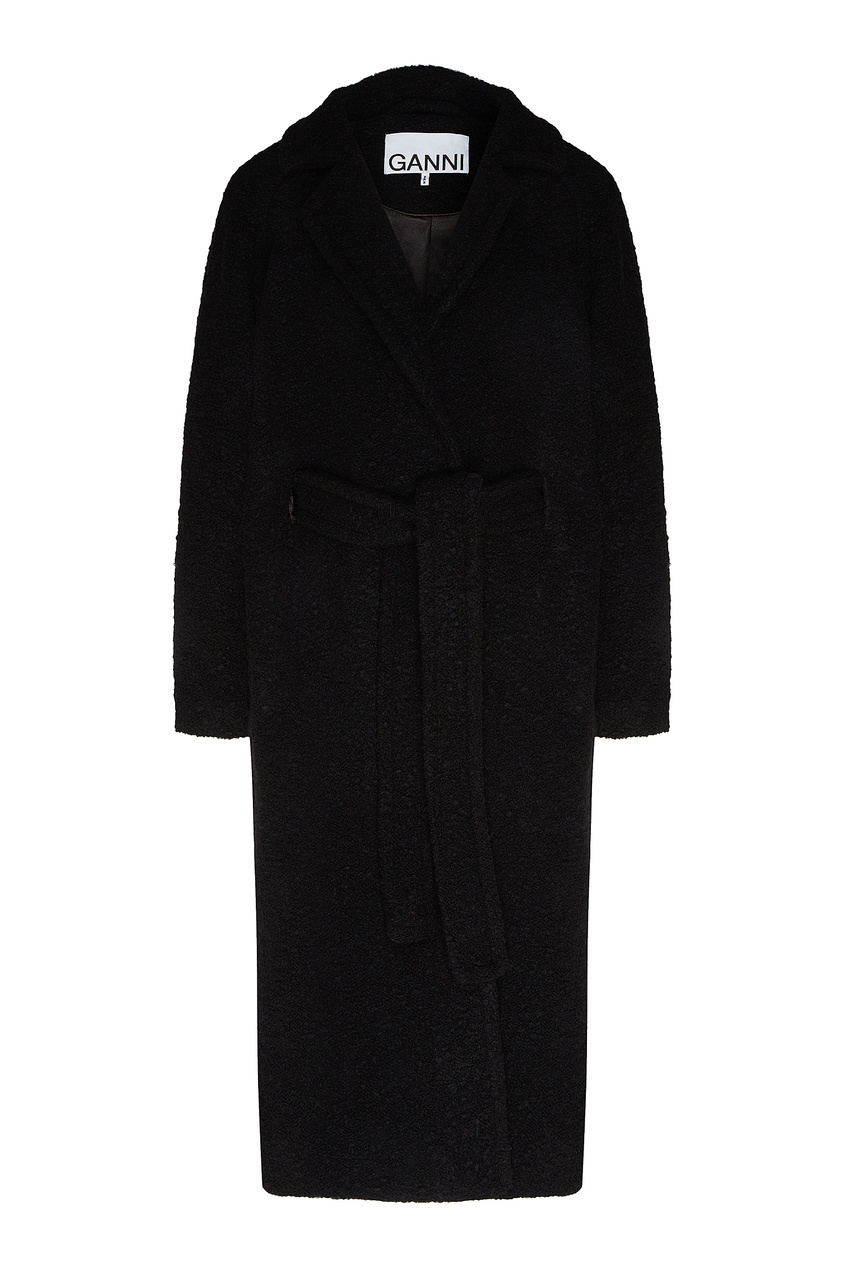 фото Черное пальто с поясом ganni