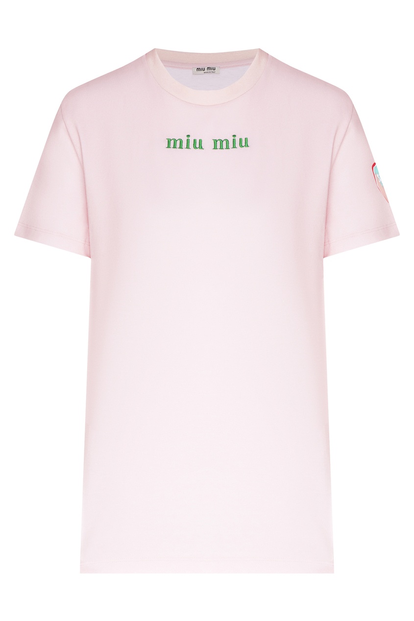 фото Розовая футболка с логотипом и принтом miu miu