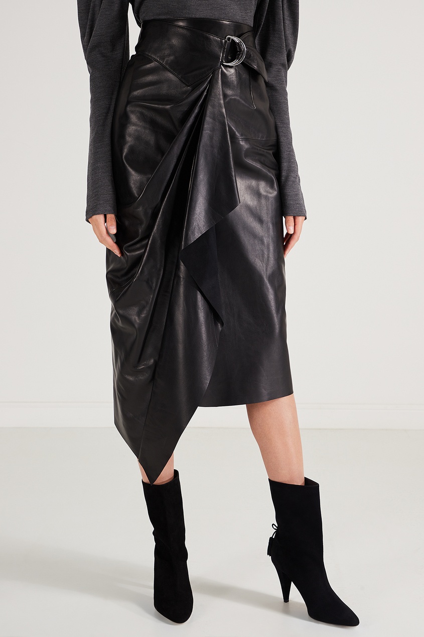фото Черная кожаная юбка-миди с драпировкой isabel marant