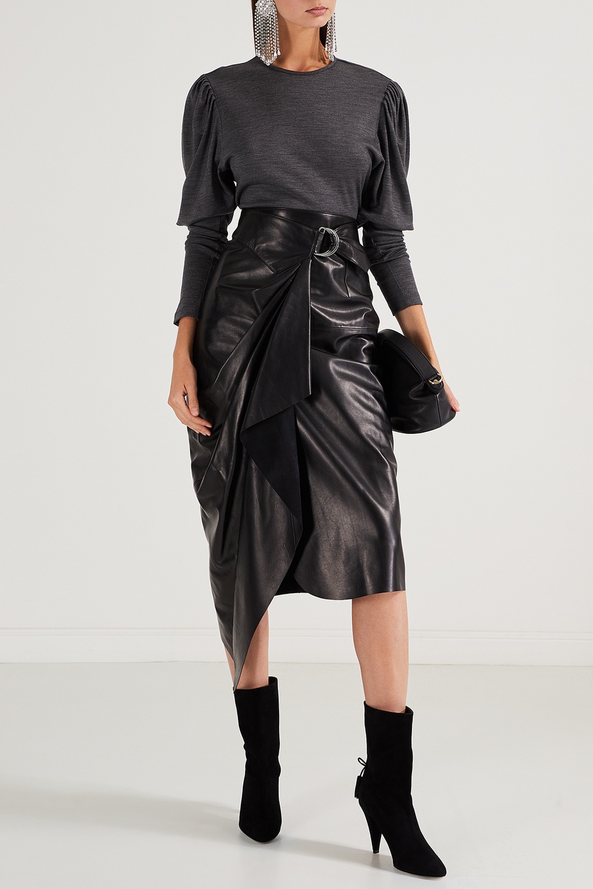 фото Черная кожаная юбка-миди с драпировкой isabel marant