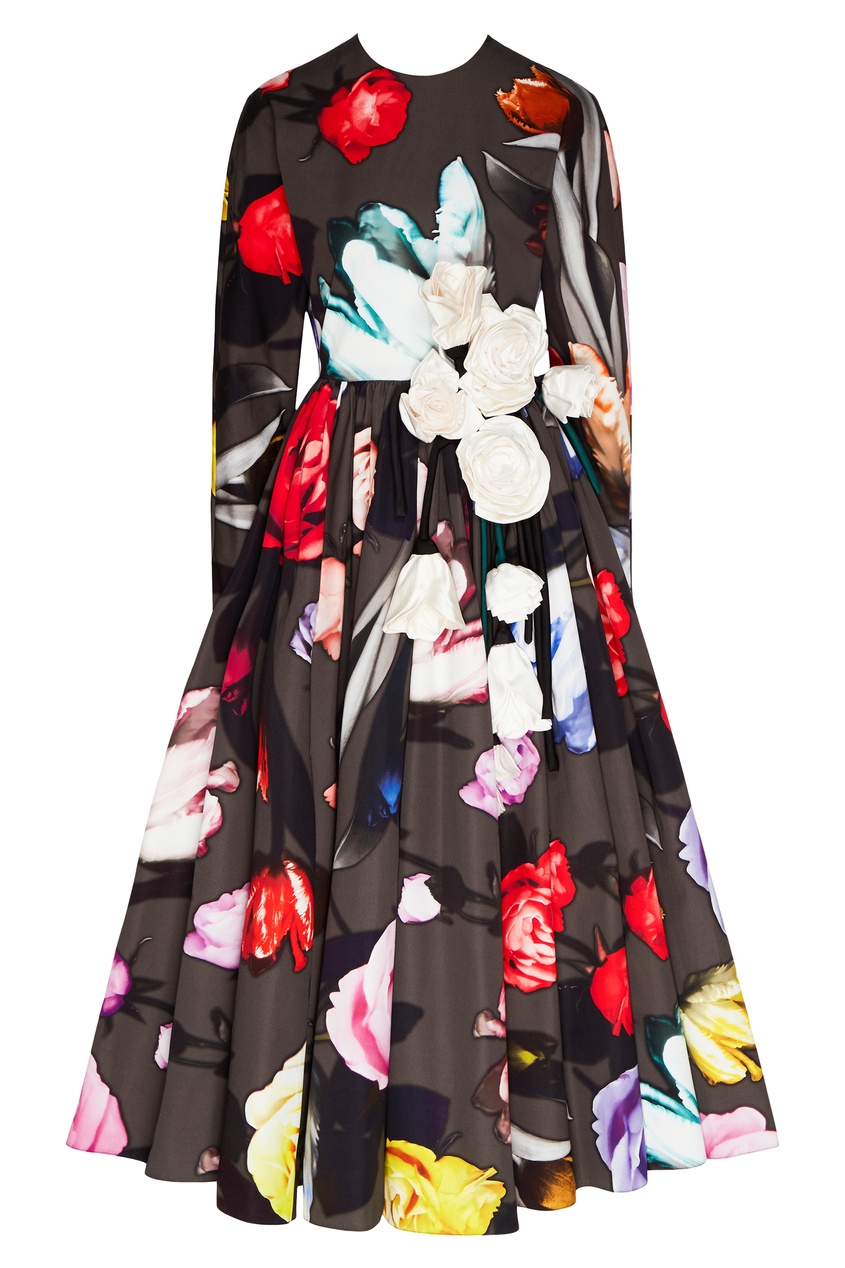 фото Серое платье-миди с цветочным рисунком Prada