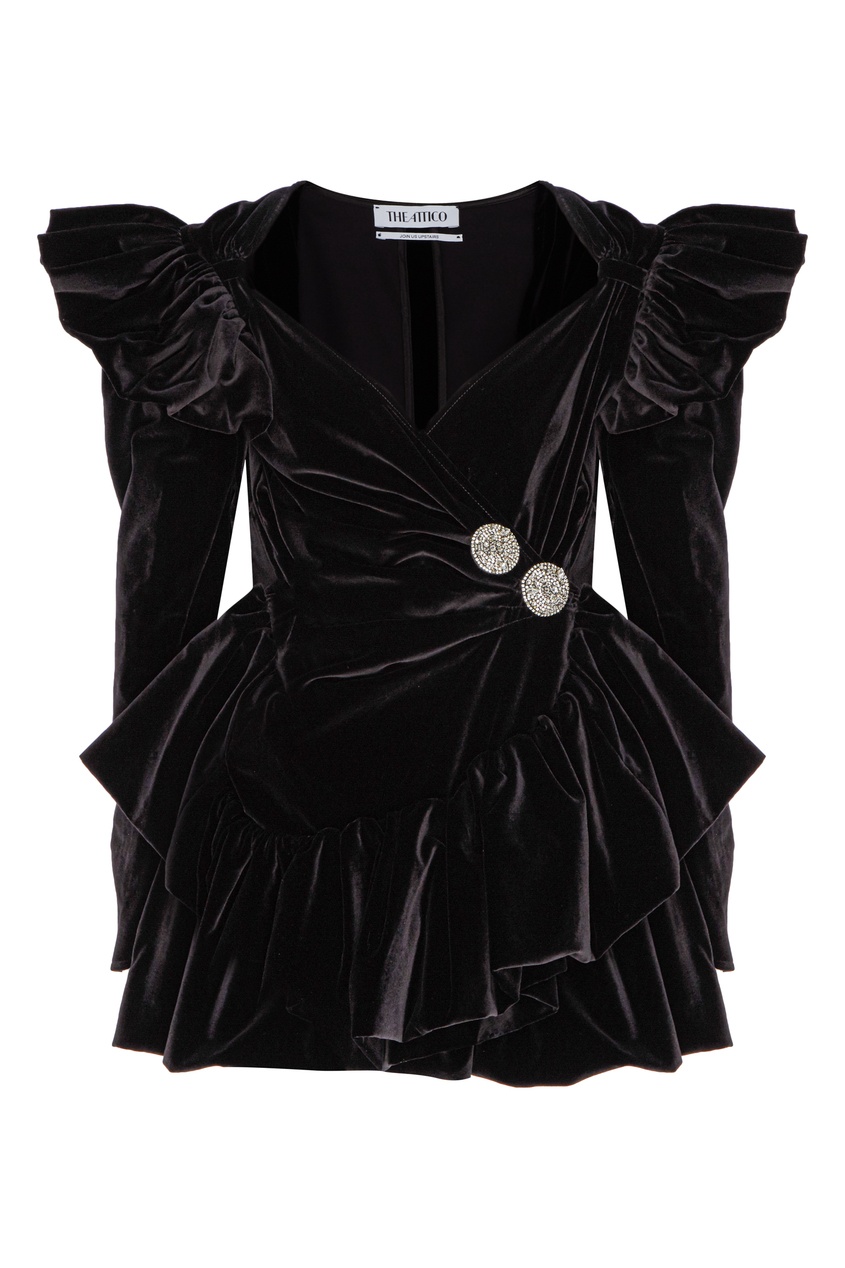фото Черное бархатное платье мини с драпировками attico