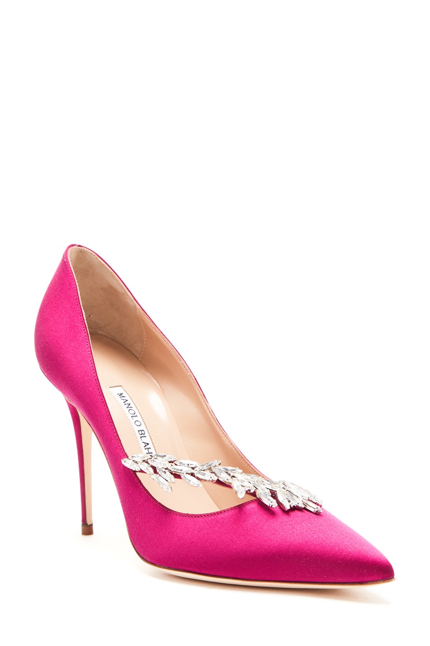 фото Розовые атласные туфли-лодочки с кристаллами nadira 105 manolo blahnik