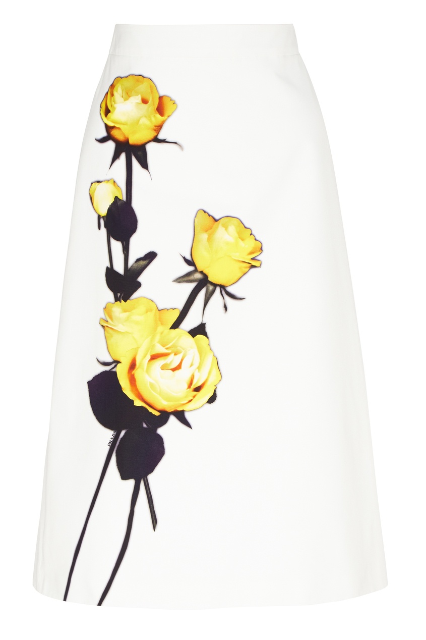 фото Белая юбка-миди с цветочным рисунком Prada