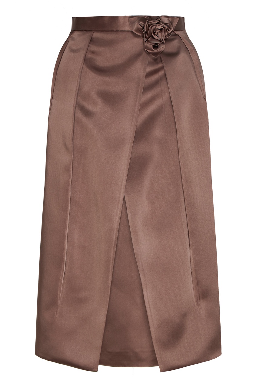 фото Атласная коричневая юбка-миди со складками Prada