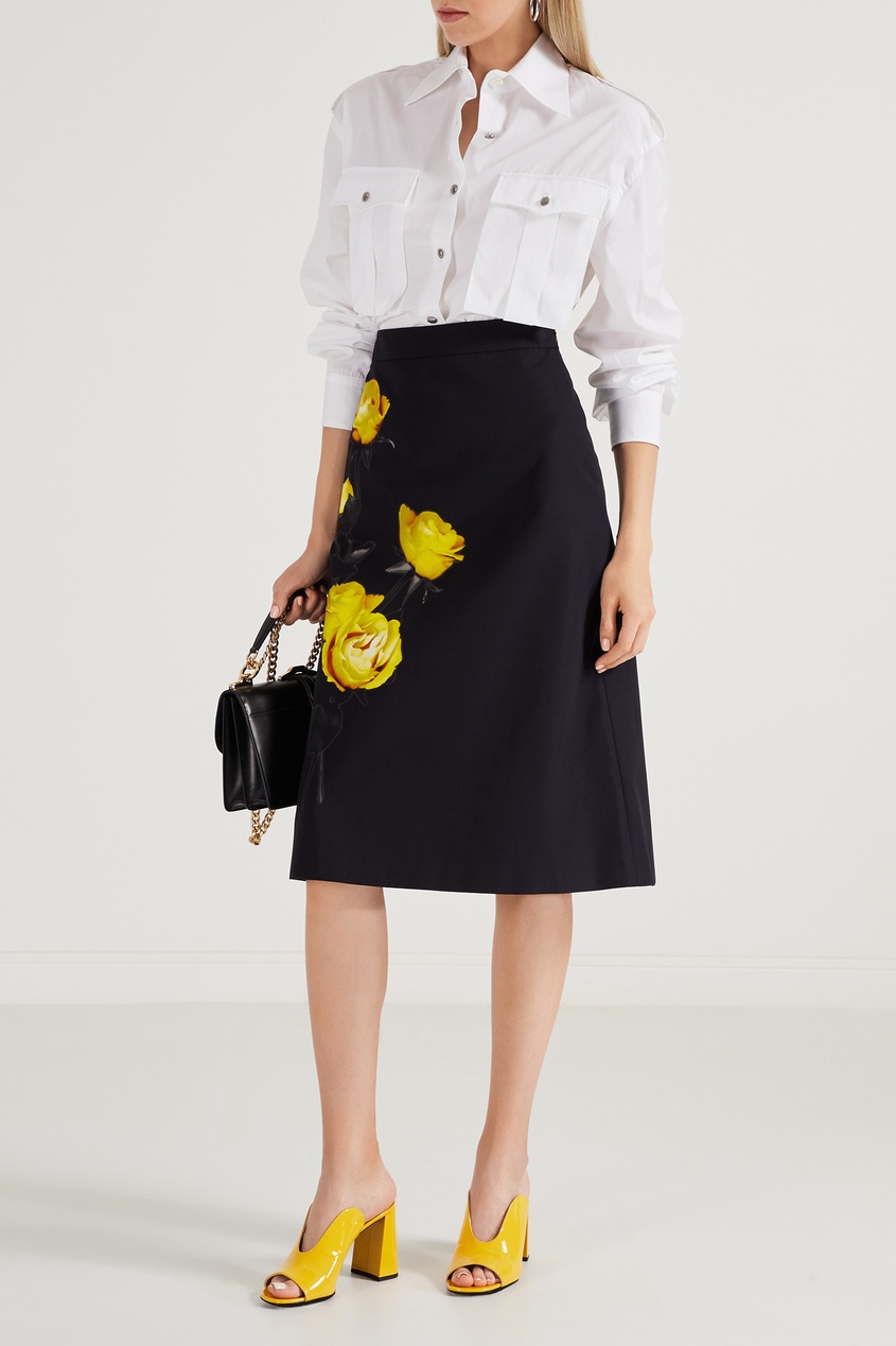 фото Черная юбка-миди с цветочным рисунком Prada