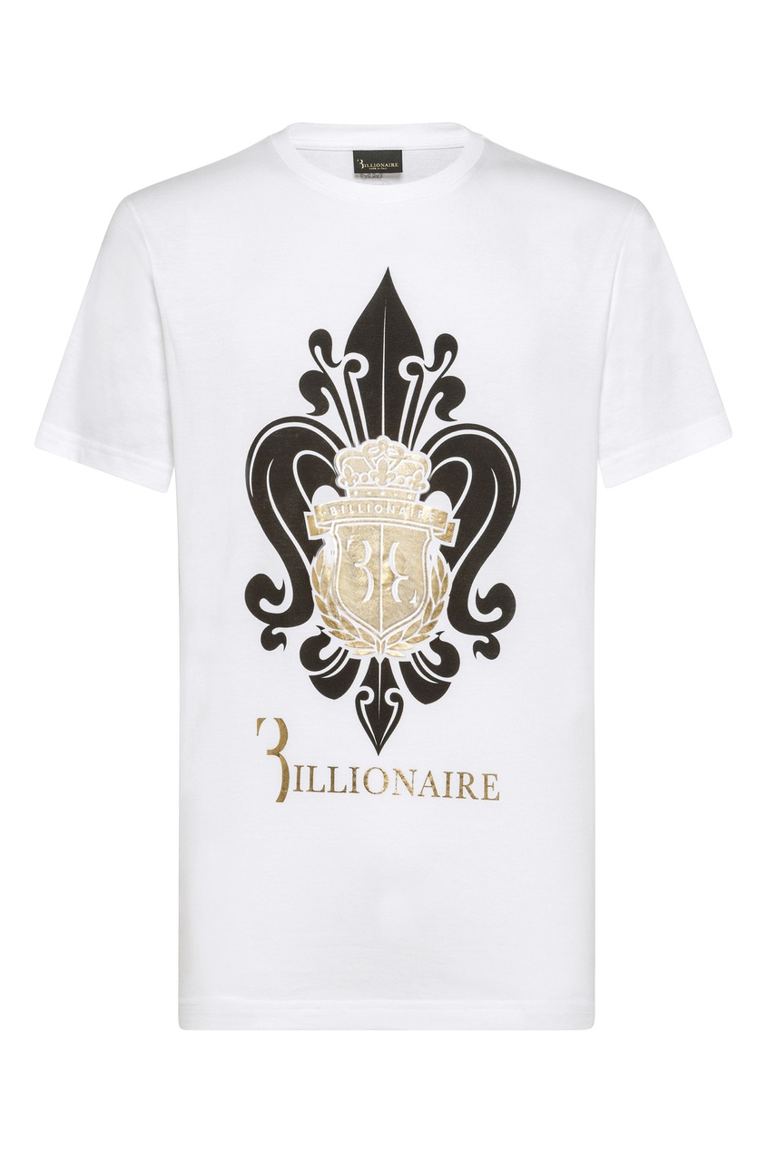фото Белая футболка с золотым гербом и черным узором billionaire