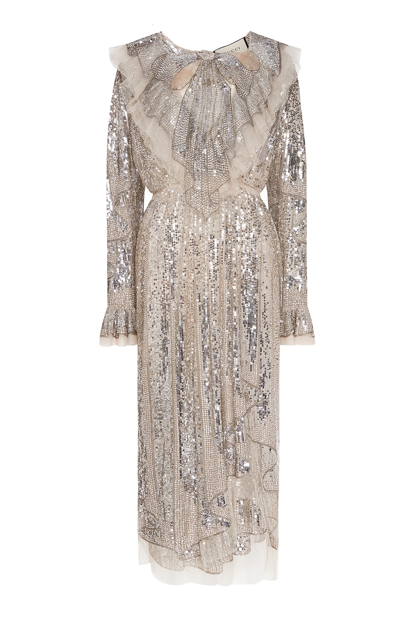 фото Длинное платье с серебристыми пайетками Gucci